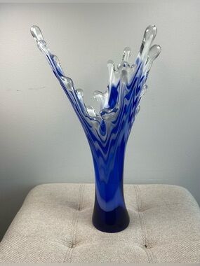 Murano Cobalt Blue & White Splash Vase Vintage 15’ Frozen Leaf Look Great Cond!